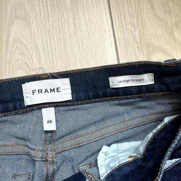 Frame Le High Straight dark wash ripped raw hem distressed jeans 25 - Picture 3 of 3